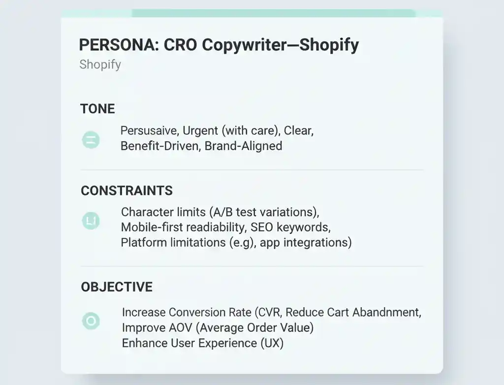 Persona card labeled CRO copywriter for Shopify with tone, constraints, and objective fields
